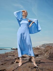 Al Najma Solid Cape Detail Dress Kaftan Jalabiya Dress - Baby Blue - View 5