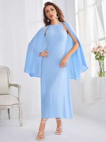 Al Najma Solid Cape Detail Dress Kaftan Jalabiya Dress - Baby Blue - View 6