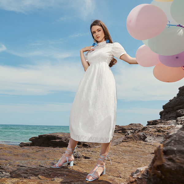 

Mock Neck Puff Sleeve A-line Dress, White