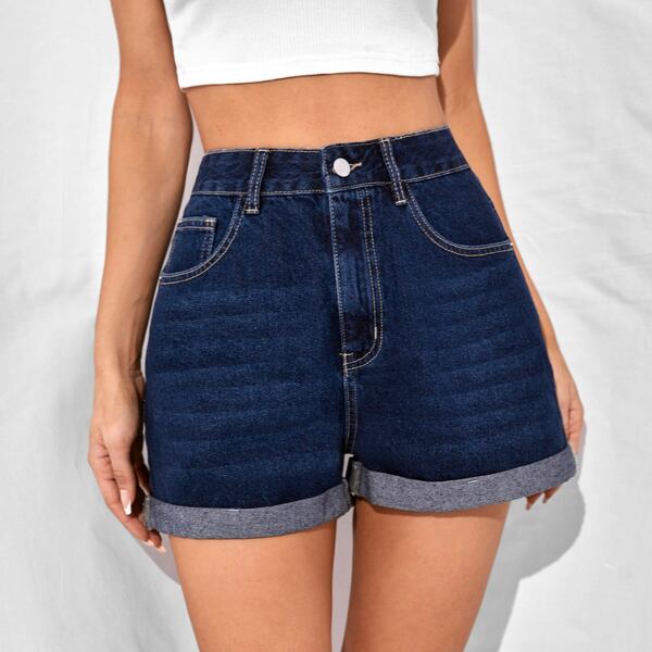 

High Waist Cuffed Denim Shorts, Dark wash
