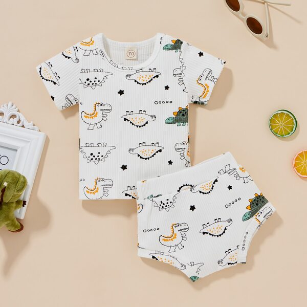 

Baby Unisex Cartoon Dinosaur Print Tee & Shorts, White