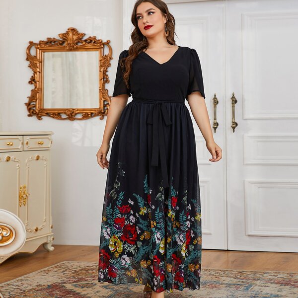 

Plus Floral Mesh Panel Belted Dress, Black