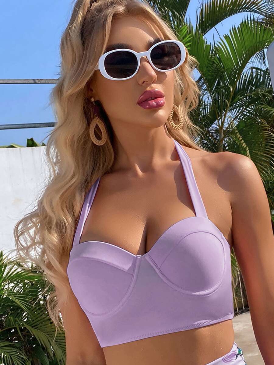 Push Up Halter Bikini Top - Lilac Purple - View 1