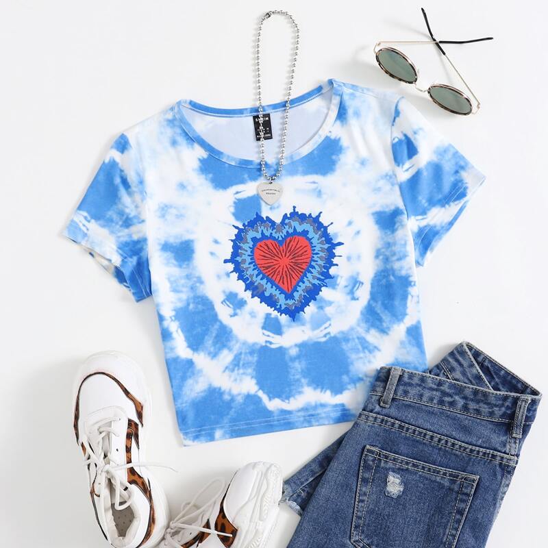

Heart & Tie Dye Print Crop Tee, Blue and white