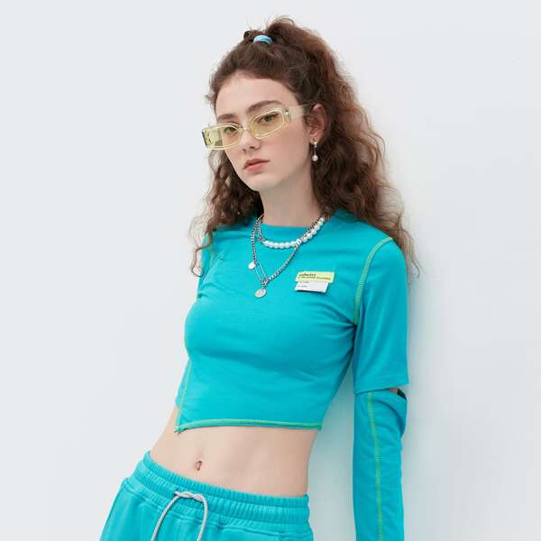 

Cutout Sleeve Patched Detail Tee, Mint blue