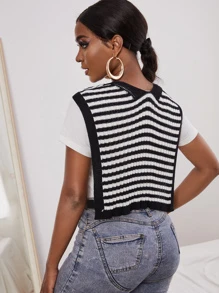 SHEIN SXY 1入組條紋繫帶針織上衣 - 黑與白 - 查看 2