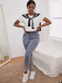 SHEIN SXY 1入組條紋繫帶針織上衣 - 黑與白 - 查看 5