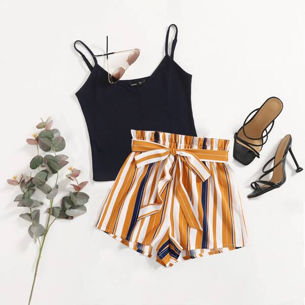 

Plus Rib-knit Cami Top And Paperbag Waist Belted Striped Shorts Set, Multicolor