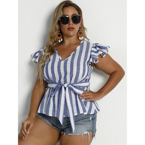 

Plus Striped Ruffle Trim Belted Blouse, Blue and white