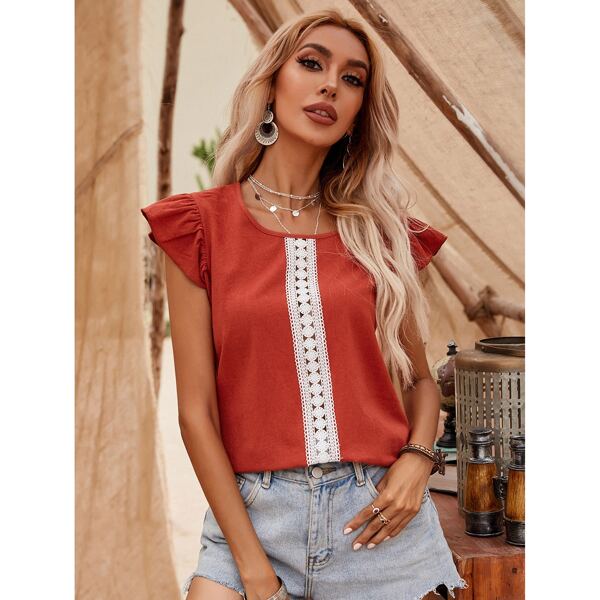 

Contrast Lace Panel Blouse, Redwood