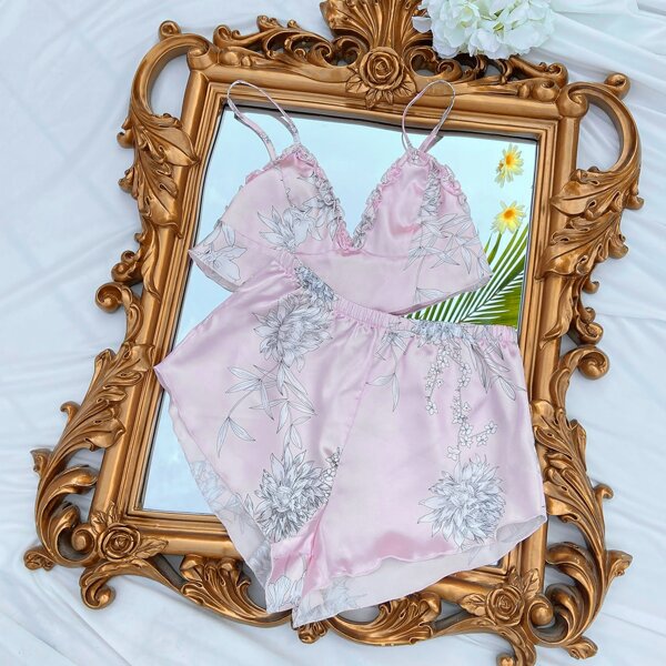 

Floral Print Frill Trim Crop Cami Top & Shorts PJ Set, Baby pink