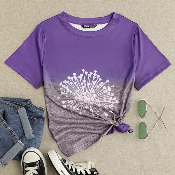 

Dandelion Print Crew Neck Tee, Purple