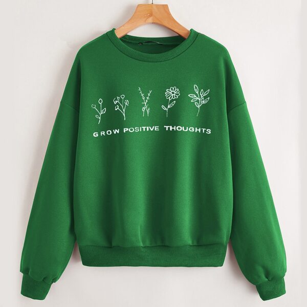 

Slogan & Floral Print Pullover, Green
