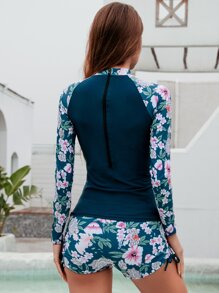Camiseta de protección solar para playa de manga raglán con cordón y estampado floral - Multicolor - Ver 2