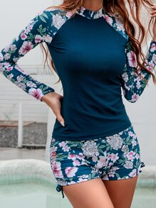 Camiseta de protección solar para playa de manga raglán con cordón y estampado floral - Multicolor - Ver 5