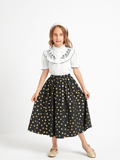 SHEIN Girls Floral Frill Trim Blouse & Gold Dot Print Skirt Set