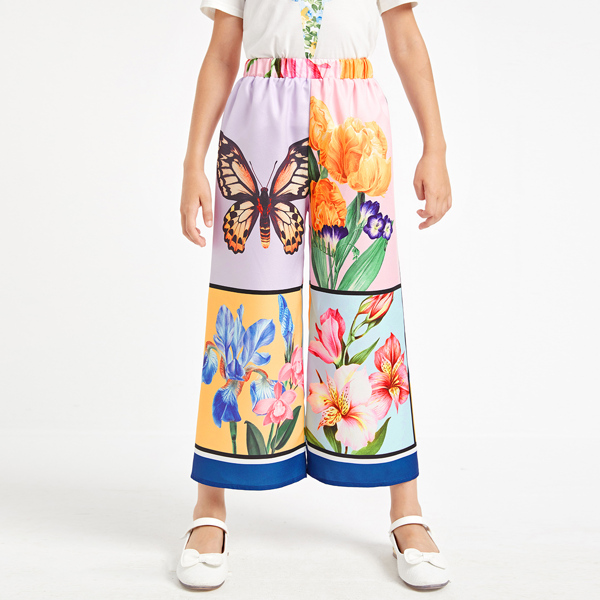 

Girls Floral & Butterfly Print Wide Leg Cropped Pants, Multicolor