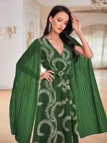 Al Najma Pleated Sleeve Embroidery Detail Belted Dress - Green - View 1