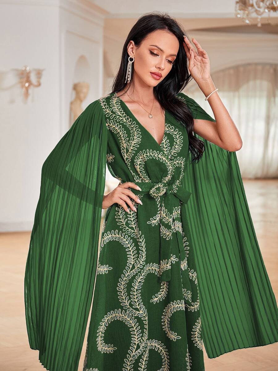 Al Najma Pleated Sleeve Embroidery Detail Belted Dress - Green - View 1