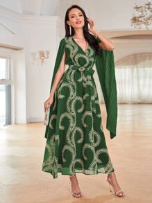 Al Najma Pleated Sleeve Embroidery Detail Belted Dress - Green - View 3