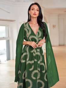 Al Najma Pleated Sleeve Embroidery Detail Belted Dress - Green - View 5