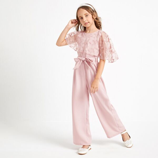 

Girls Embroidery Mesh Ruffle Belted Wide Leg Jumpsuit, Baby pink