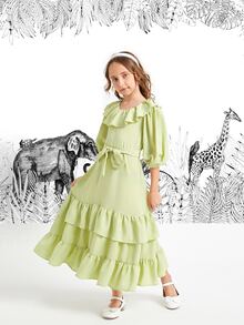 SHEIN Girls Lantern Sleeve Belted Ruffle Trim Dress - Lime Green - View 2