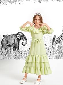 SHEIN Girls Lantern Sleeve Belted Ruffle Trim Dress - Lime Green - View 4