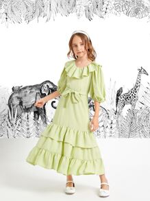 SHEIN Girls Lantern Sleeve Belted Ruffle Trim Dress - Lime Green - View 1