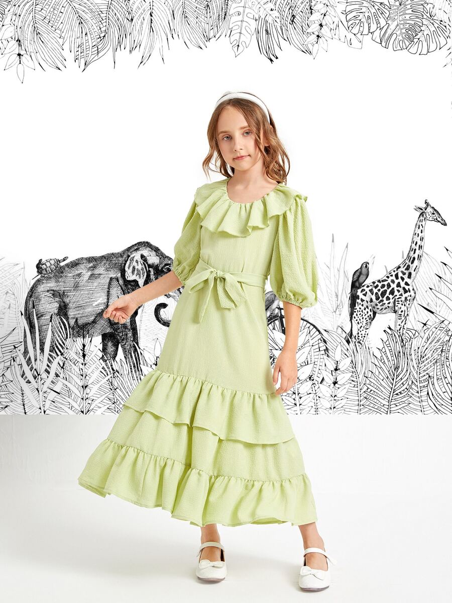 SHEIN Girls Lantern Sleeve Belted Ruffle Trim Dress - Lime Green - View 1
