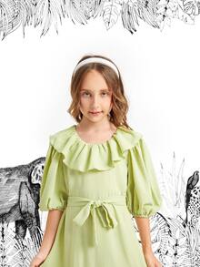 SHEIN Girls Lantern Sleeve Belted Ruffle Trim Dress - Lime Green - View 5