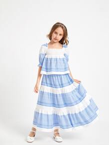 SHEIN Conjunto De Falda De Dobladillo Con Volantes Y Top Fruncido De Rayas Para Niñas - Azul y blanco - Ver 1