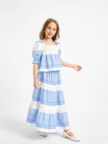 SHEIN Conjunto De Falda De Dobladillo Con Volantes Y Top Fruncido De Rayas Para Niñas - Azul y blanco - Ver 3