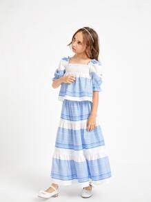SHEIN Conjunto De Falda De Dobladillo Con Volantes Y Top Fruncido De Rayas Para Niñas - Azul y blanco - Ver 4