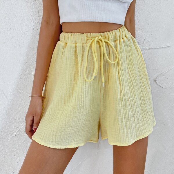 

Drawstring Waist Shirred Shorts, Yellow