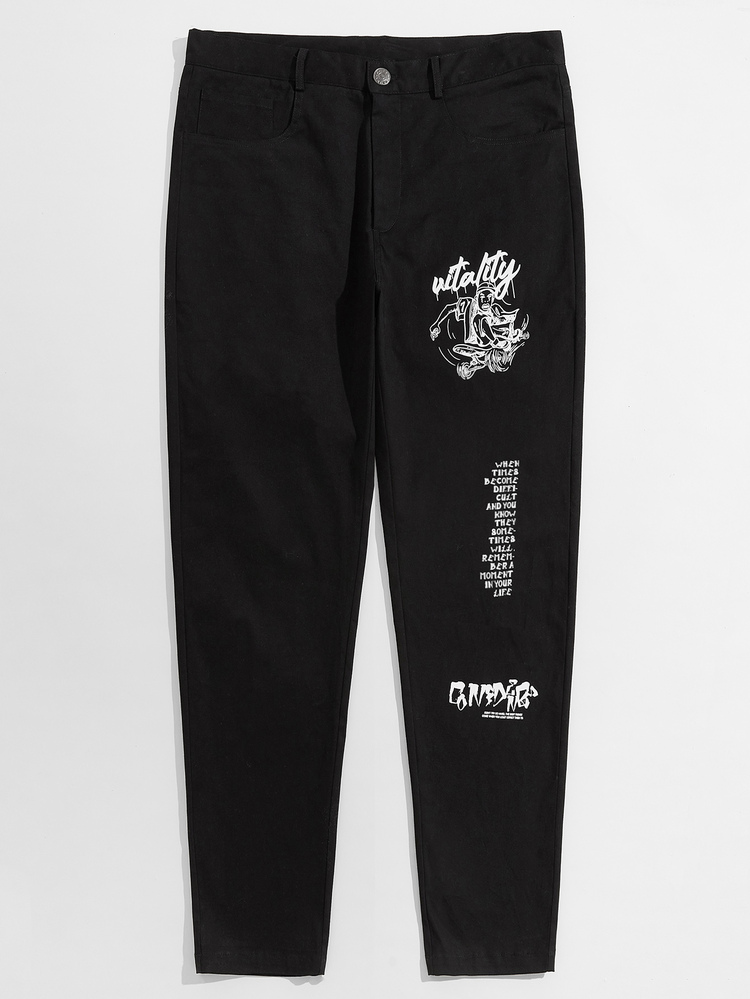 Manfinity Men Slogan & Figure Graphic Pants - Black - View 1