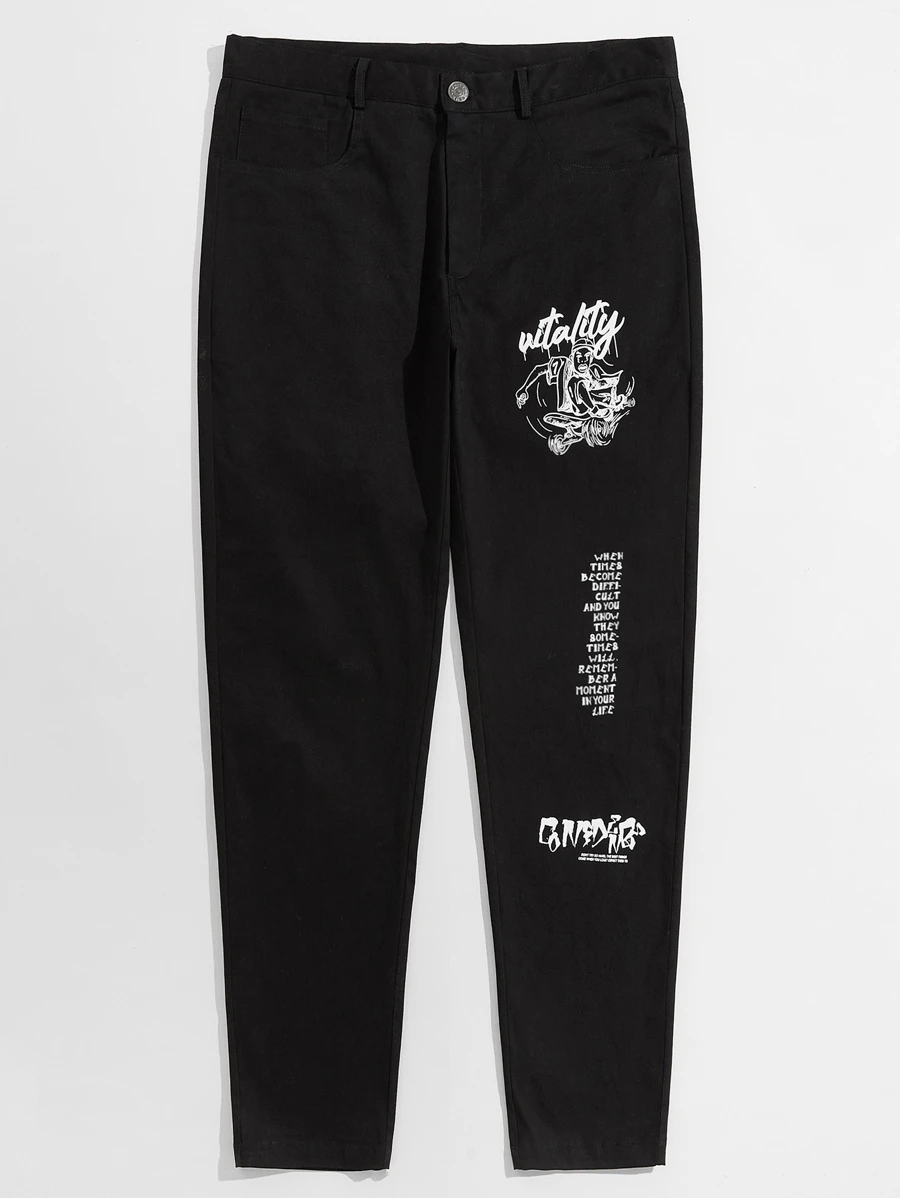 Manfinity Men Slogan & Figure Graphic Pants - Black - View 1