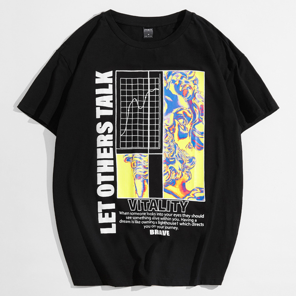 

Men Slogan & Graphic Print Tee, Black