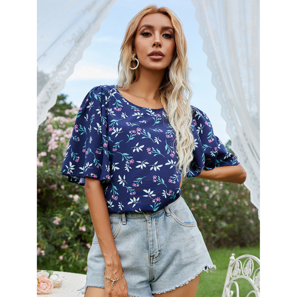 

Allover Floral Print Butterfly Sleeve Blouse, Navy blue