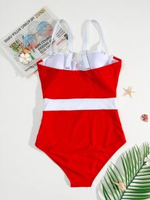 Color Block Push Up One Piece Swimsuit, For Summer Beach Vacation - Red and White - View 2