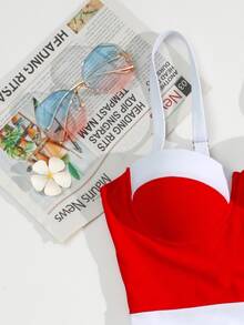 Color Block Push Up One Piece Swimsuit, For Summer Beach Vacation - Red and White - View 3