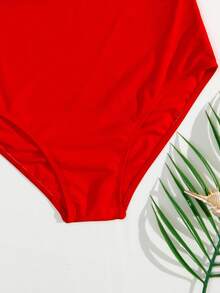 Color Block Push Up One Piece Swimsuit, For Summer Beach Vacation - Red and White - View 4
