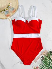 Color Block Push Up One Piece Swimsuit, For Summer Beach Vacation - Red and White - View 5