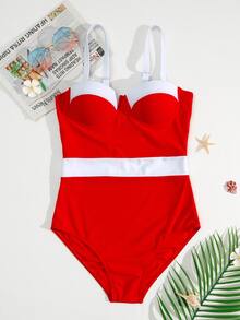 Color Block Push Up One Piece Swimsuit, For Summer Beach Vacation - Red and White - View 6