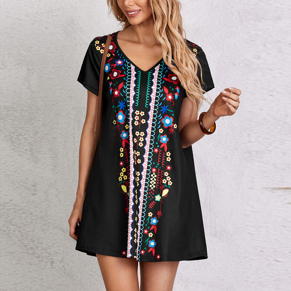 

Floral Print V-neck Tee Dress, Black