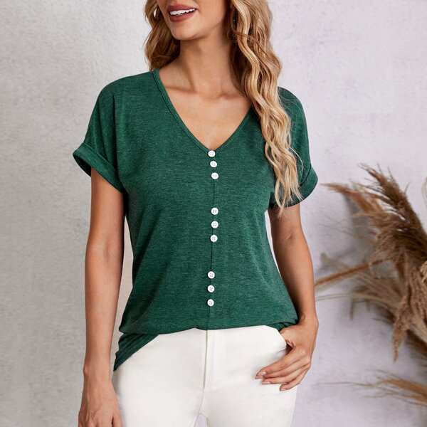 

Button Front V-Neck Roll Up Sleeve Tee, Olive green