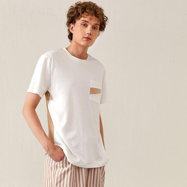 

1pc Contrast Panel Pocket Front Tee, Multicolor