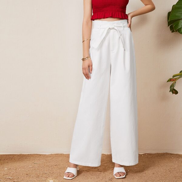 

Paperbag Waist Belted Wide Leg Pants, White