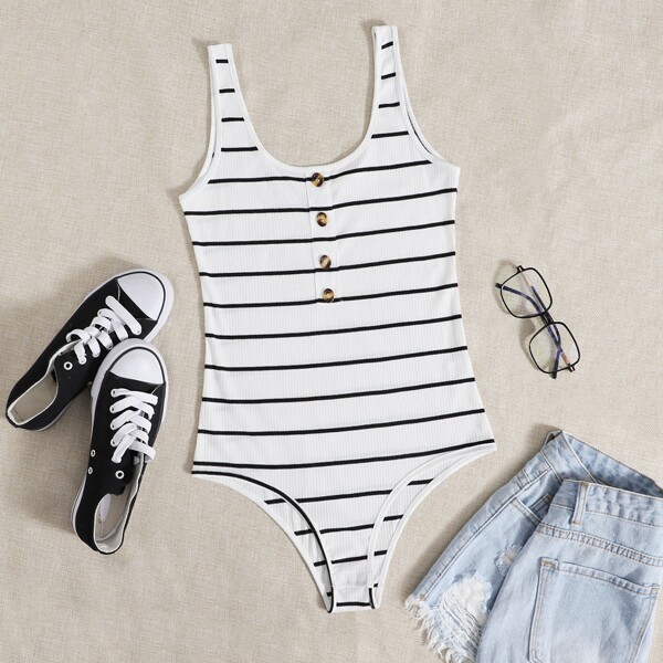 

Striped Button Front Tank Bodysuit, White