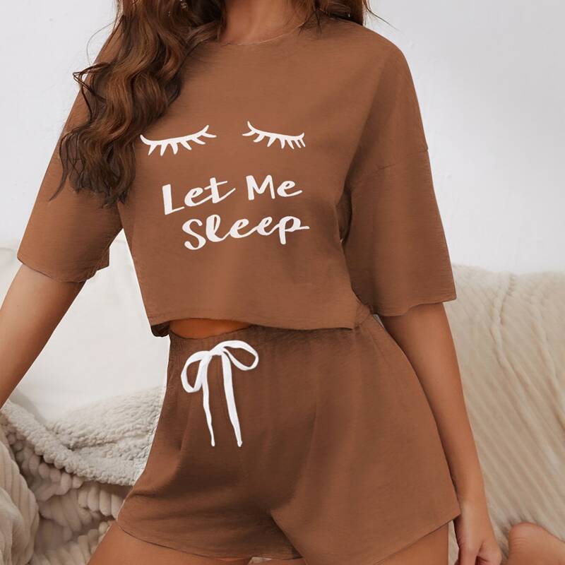 

Slogan Graphic Drop Shoulder Pajama Set, Coffee brown